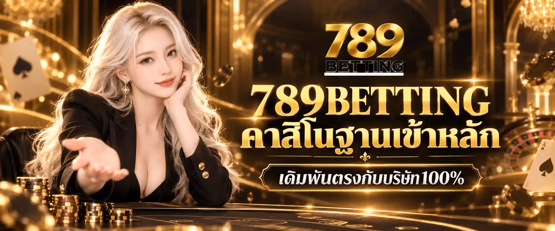 แบนเนอร์ 789BETTING ฉากโถงคาสิโนสีดำตัดทอง มีเสาร่องสีทอง โคมระย้าจุดไฟ และแสงทองฟุ้งเป็นวงอยู่ด้านหลัง ด้านซ้ายเป็นหญิงสาวผมยาวสีขาวเงิน สวมสูทสีดำติดกระดุมทอง เท้าแขนอยู่บนโต๊ะพนันสีดำ และแบฝ่ามือซ้ายออกมาทางผู้ชม รอบตัวมีกองชิปคาสิโนสีดำสลับทอง ไพ่เอซโพดำ และวงล้อรูเล็ตทางขวา ด้านขวาบนเป็นโลโก้ 789BETTING ที่เป็นเลข 789 สีทองขัดเงาสามมิติ ทับคำว่า BETTING ตัวพิมพ์ใหญ่สีดำบนแถบขีดสีขาว ใต้ลงมาเป็นข้อความตัวหนาสามมิติสีทองว่า 789BETTING ตามด้วยข้อความไทยสีทองว่า คาสิโนฐานเข้าหลัก และใต้สุดเป็นป้ายขอบทองคาดข้อความว่า เดิมพันตรงกับบริษัท100%